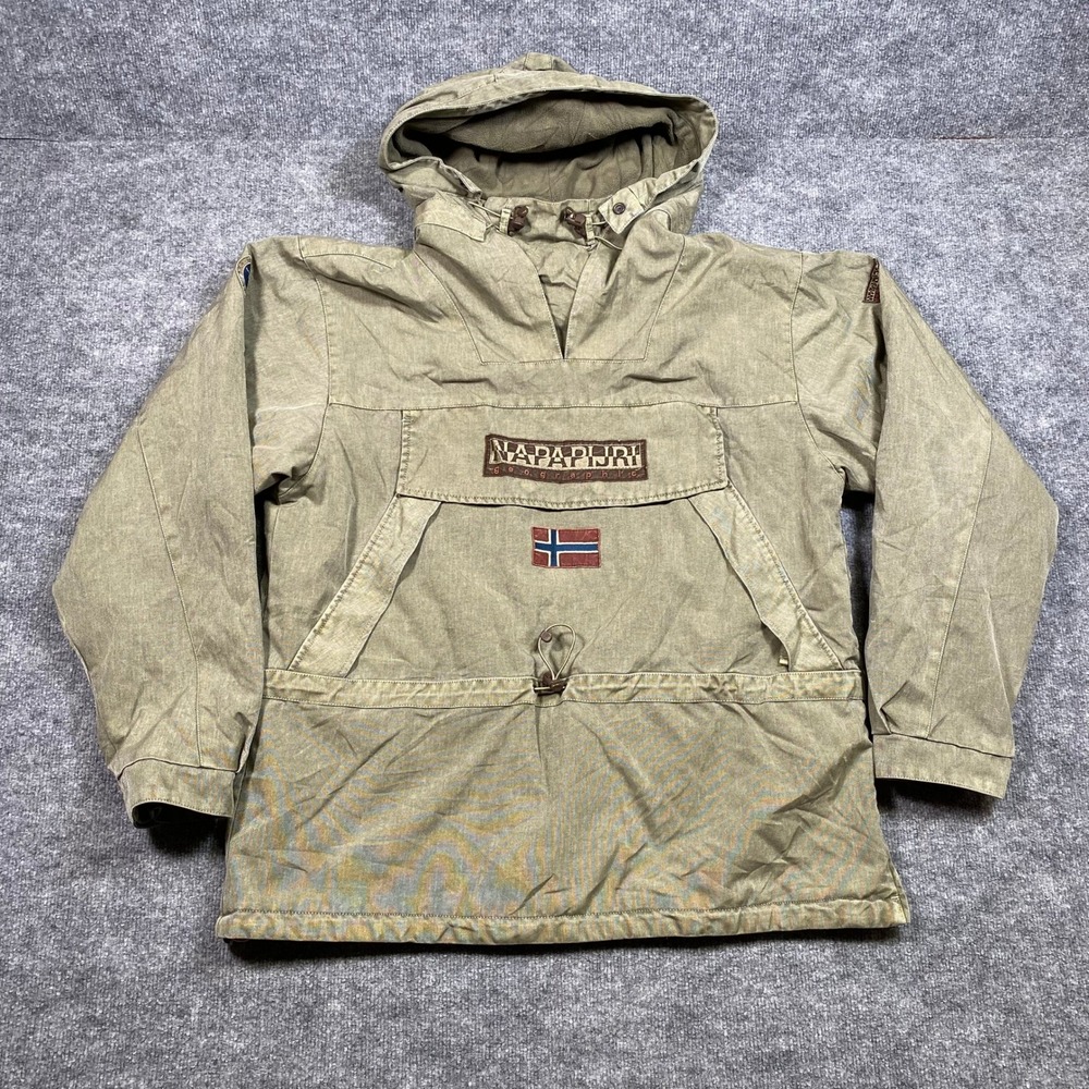 Napapijri Skidoo Anorak Jacket Mens XL Olive Green Garment Dye Pullover Hooded